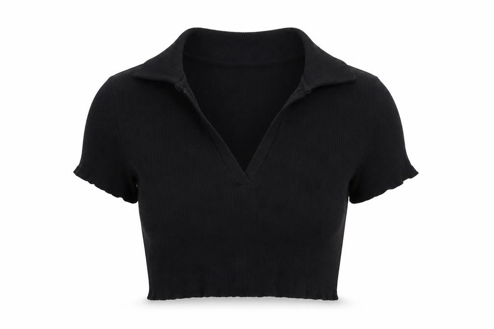 Front view of Monki women’s black cropped polo, size L