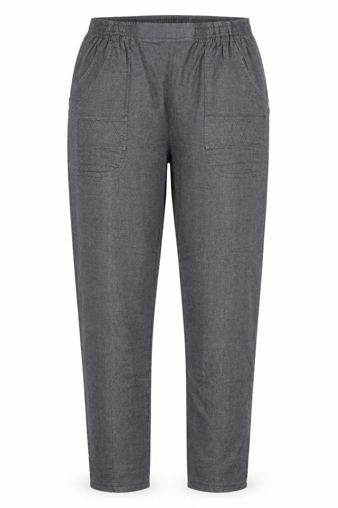 Front view of Preworn women’s grey trousers, size UK 36, in, 25-inch leg
