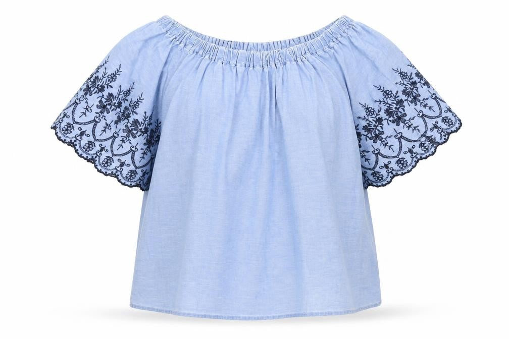 Front view of Denim & Co. women’s blue denim basic t-shirt, size UK 14