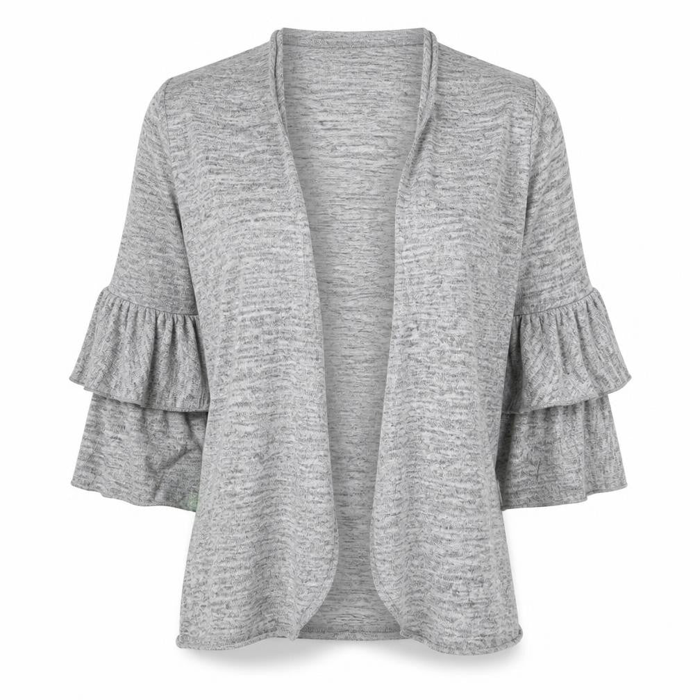 Front view of New Look women’s grey knit cardigan jumper, size S