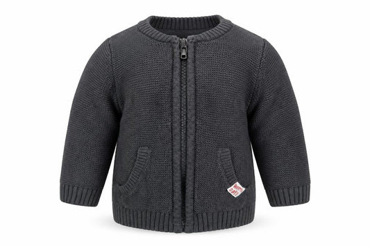 Front view of F&F boys’ grey knit jacket, size 3-6, months