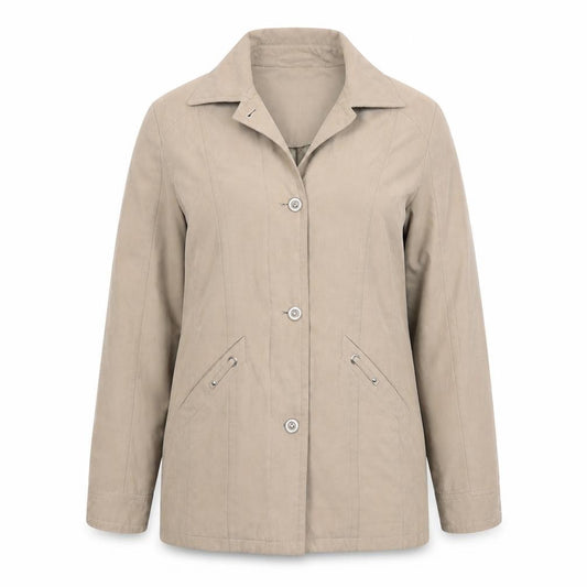 Front view of Eliza Grey women’s beige jacket, size UK 12