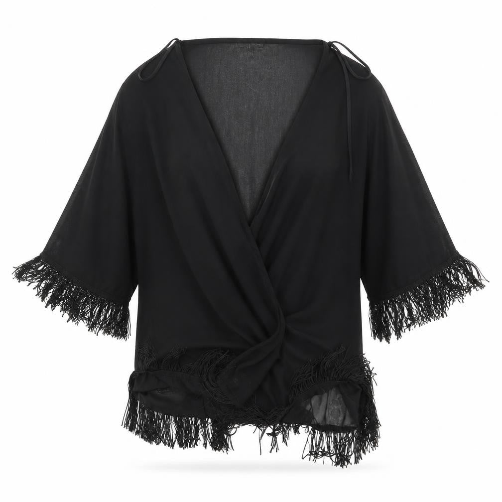 Front view of Cheeky Budha women’s black kimono jacket, size M