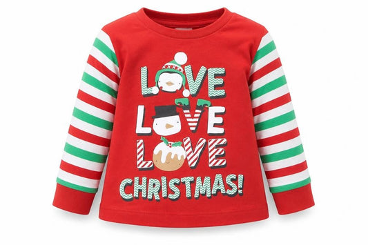 Front view of B&M boys’ red geometric babydoll pyjama top, size 6-9, months - christmas