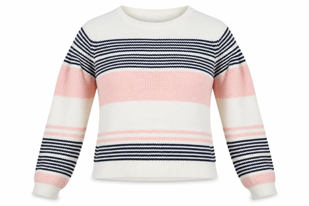 Front view of Atmosphere women’s white striped knit jumper, size UK 12