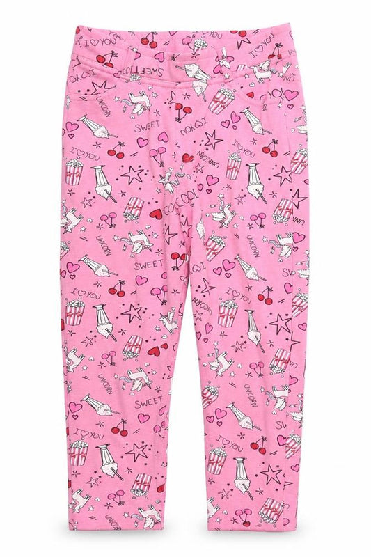 Front view of Matalan girls’ pink windbreaker trousers, size 9, months - unicorns milkshakes popcorn pyjama pants