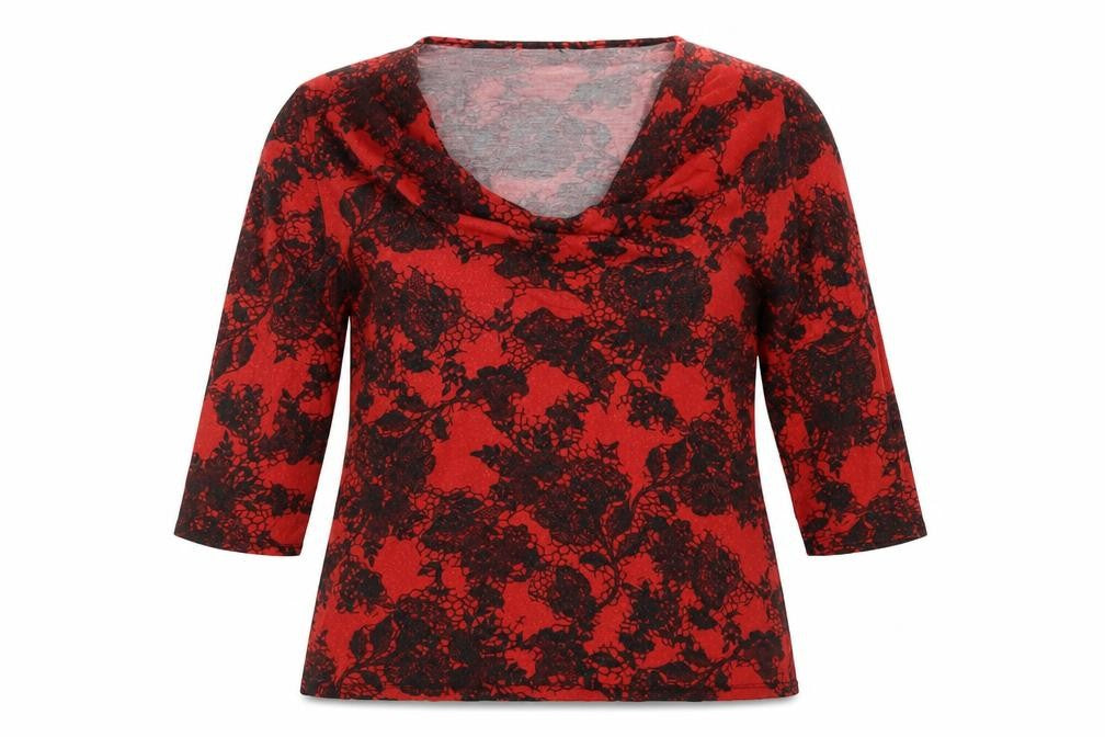 Front view of Preworn women’s red floral basic t-shirt, size UK 14