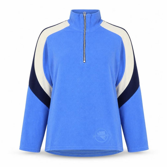 Front view of Endura women’s blue striped fleece jacket, size M