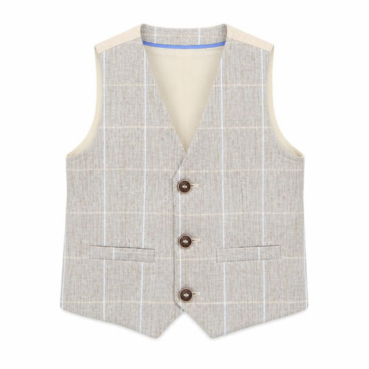 Front view of Next boys’ beige check jacket waistcoat, size 12-18, months