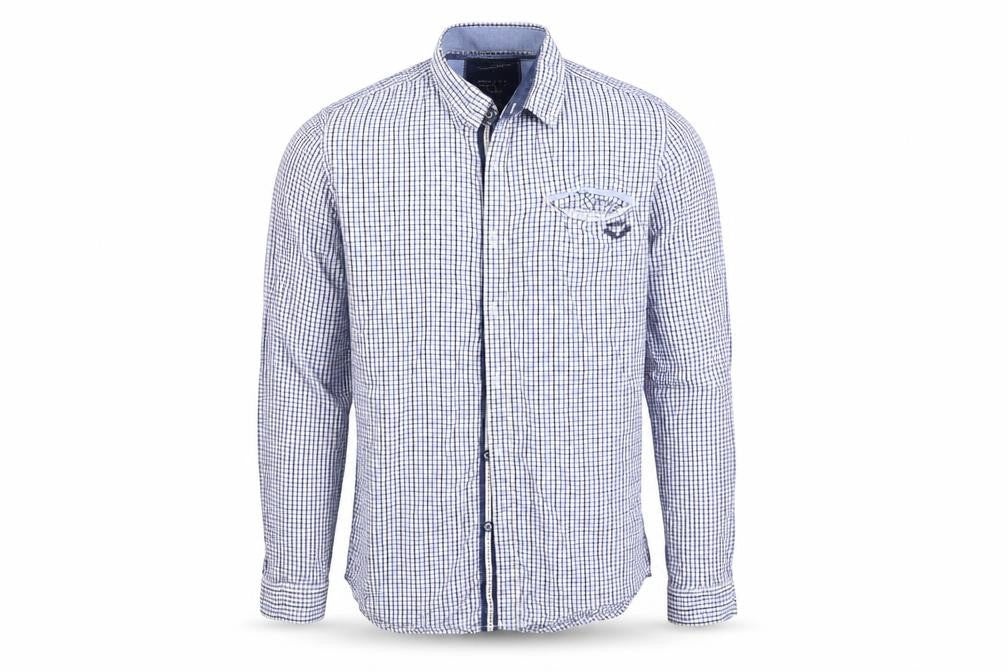 Front view of HOUSE CLTH men’s blue check button-up, size S