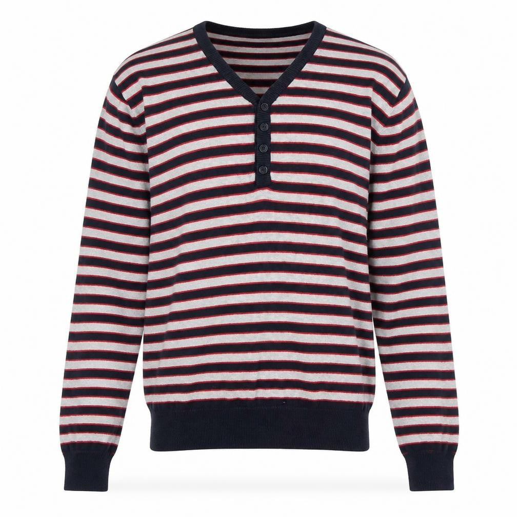 Front view of Dissident men’s grey striped jumper, size S