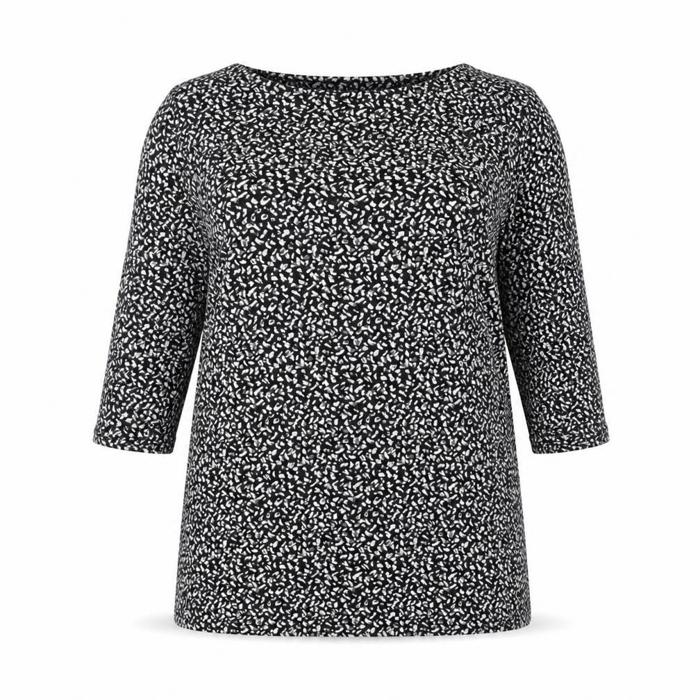 Front view of Marks & Spencer women’s black geometric knit jumper, size UK 16