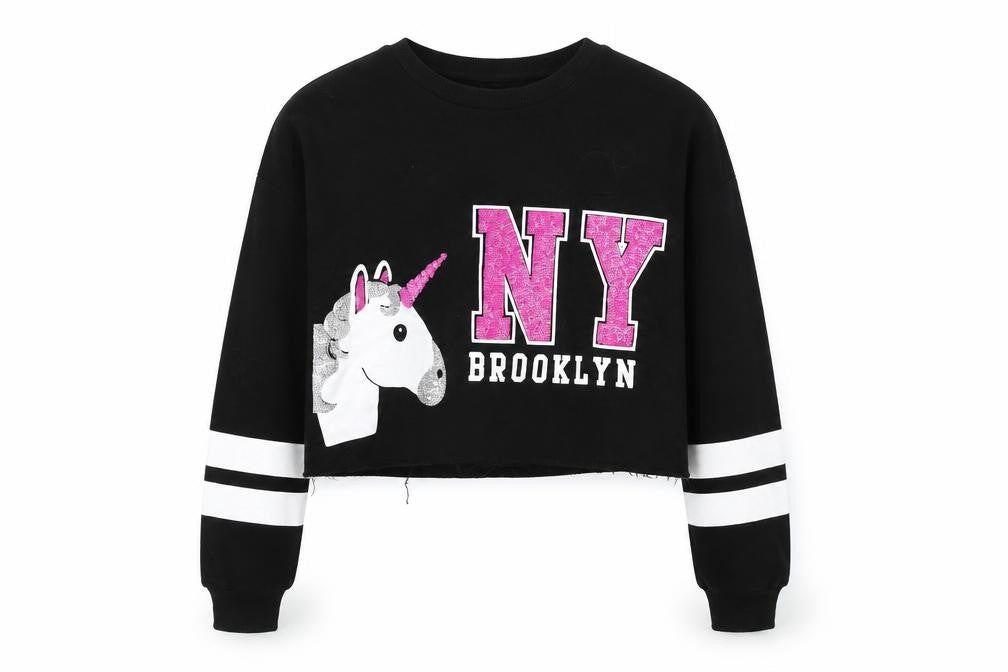 Front view of Primark girls’ black pullover sweatshirt, size 10-11, years - unicorn ny brooklyn