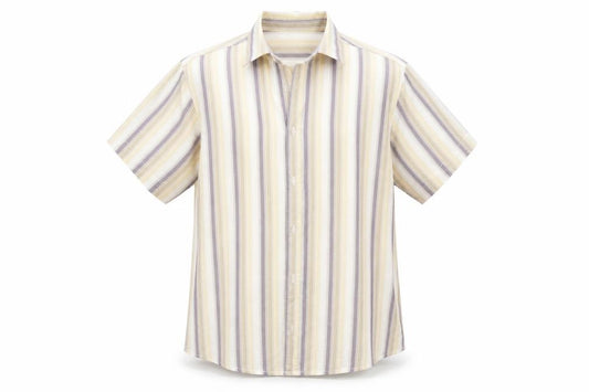 Front view of BHS men’s beige striped button-up, size M