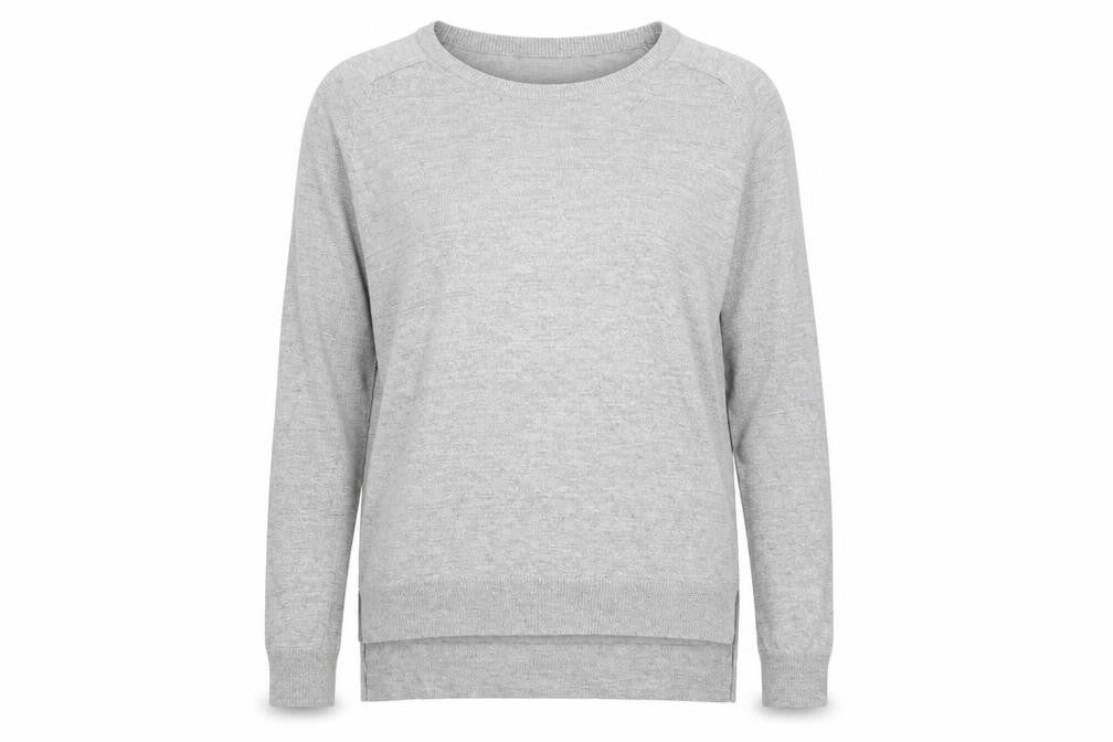 Front view of AM London women’s grey knit jumper, size UK 12