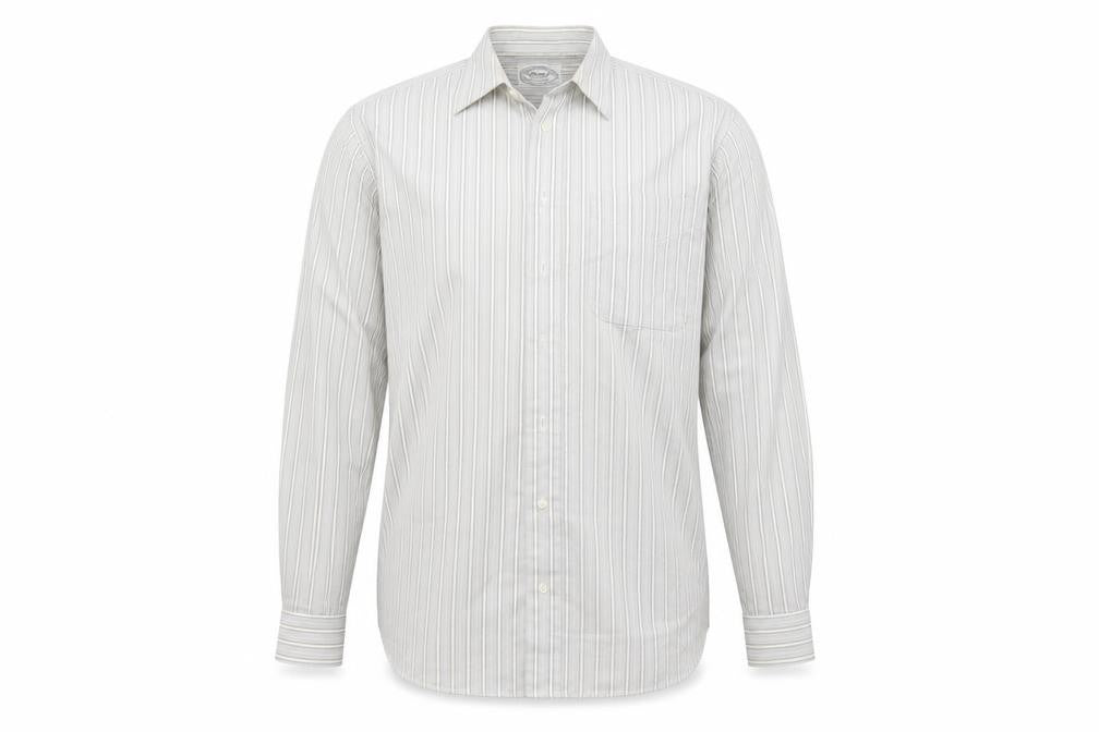 Front view of St Michael men’s grey striped button-up, size 15.5