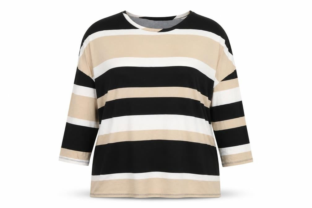 Front view of Pep&Co women’s beige striped pullover sweatshirt, size UK 16