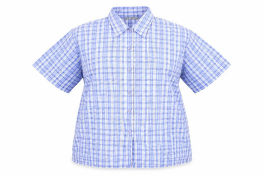 Front view of the pearl collection women’s blue check basic button-up, size UK 16