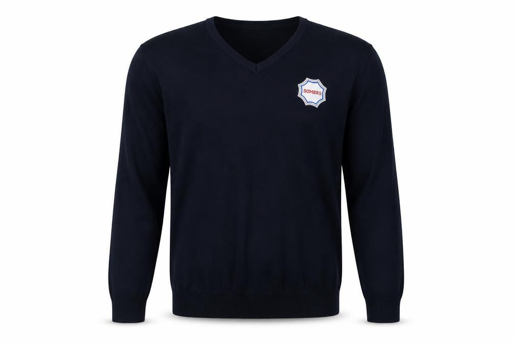 Front view of Russell Collection men’s blue jumper, size S