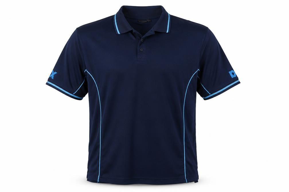 Front view of Dimentions men’s blue polo, size L
