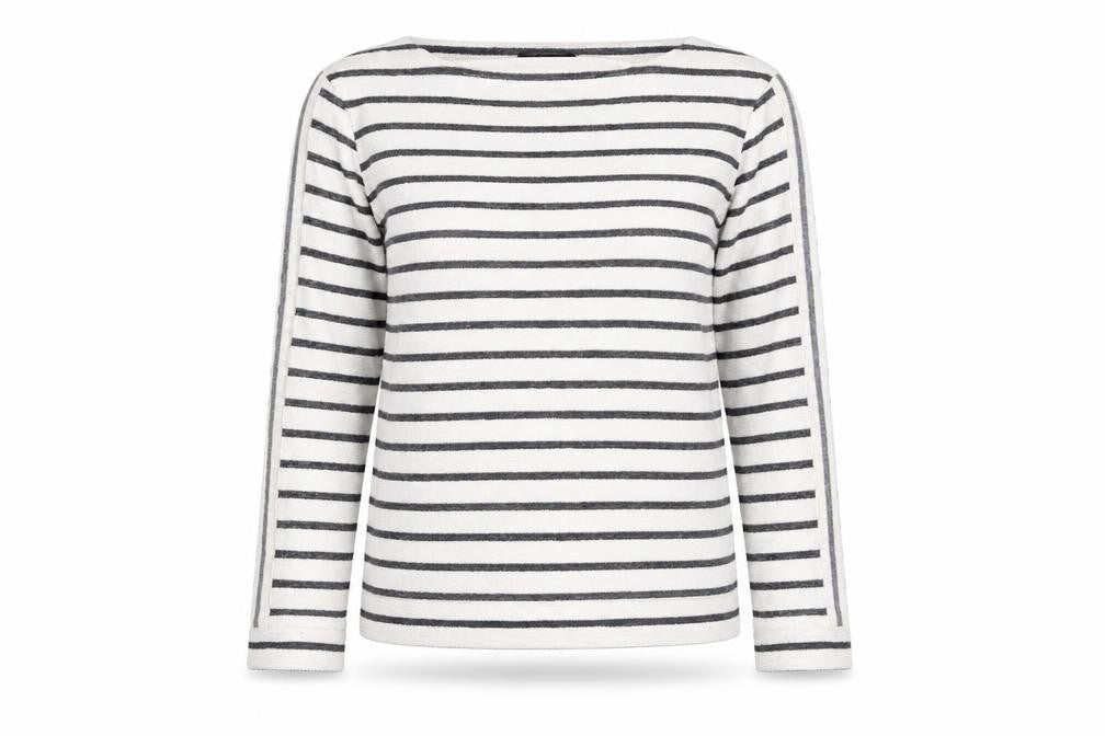 Front view of Marks & Spencer women’s white striped jumper, size UK 12