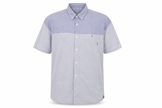 Front view of Gio-Goi men’s blue striped button-up, size L