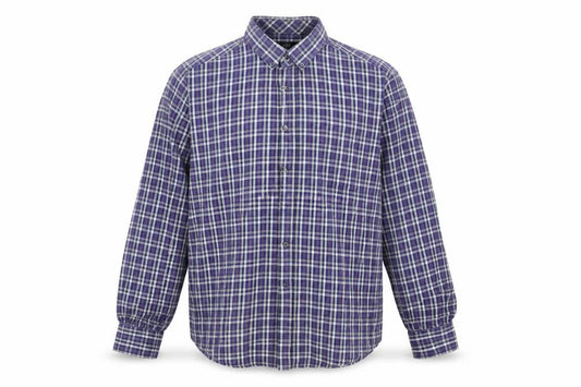Front view of F&F men’s blue plaid button-up, size L