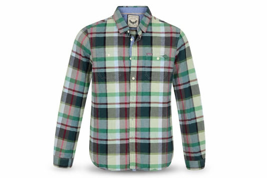 Front view of Brace Soul men’s multicoloured plaid button-up, size L