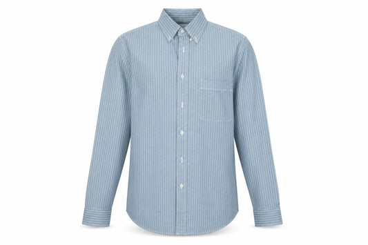 Front view of Debenhams men’s blue striped button-up, size 14.5