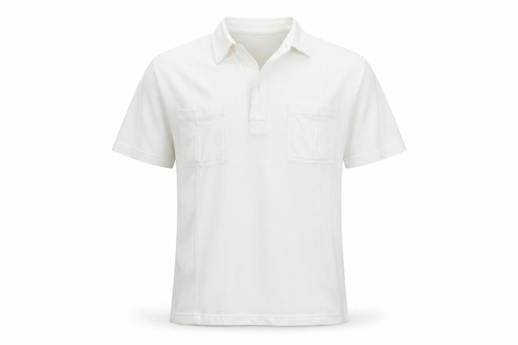 Front view of Peter Gribby men’s white polo, size L