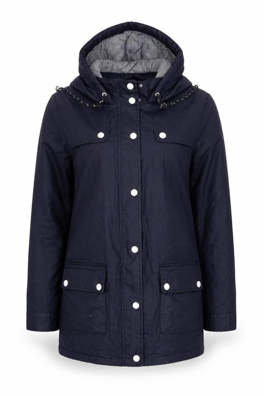 Front view of New Look women’s blue jacket coat, size UK 8