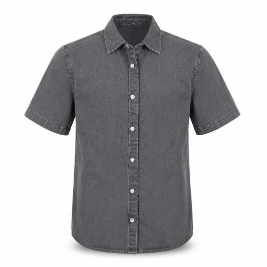 Front view of Topman men’s grey denim button-up, size S