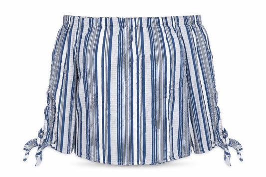 Front view of Papaya women’s blue striped basic blouse, size UK 16