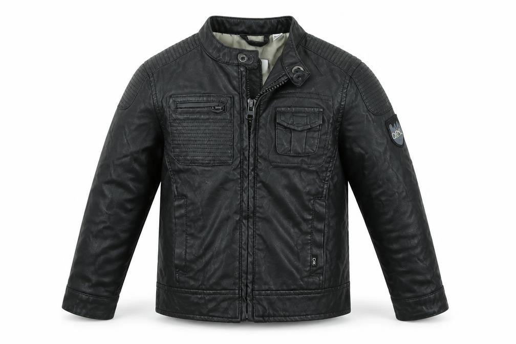 Front view of okaidi boys’ black motorcycle jacket jacket, size 3, years
