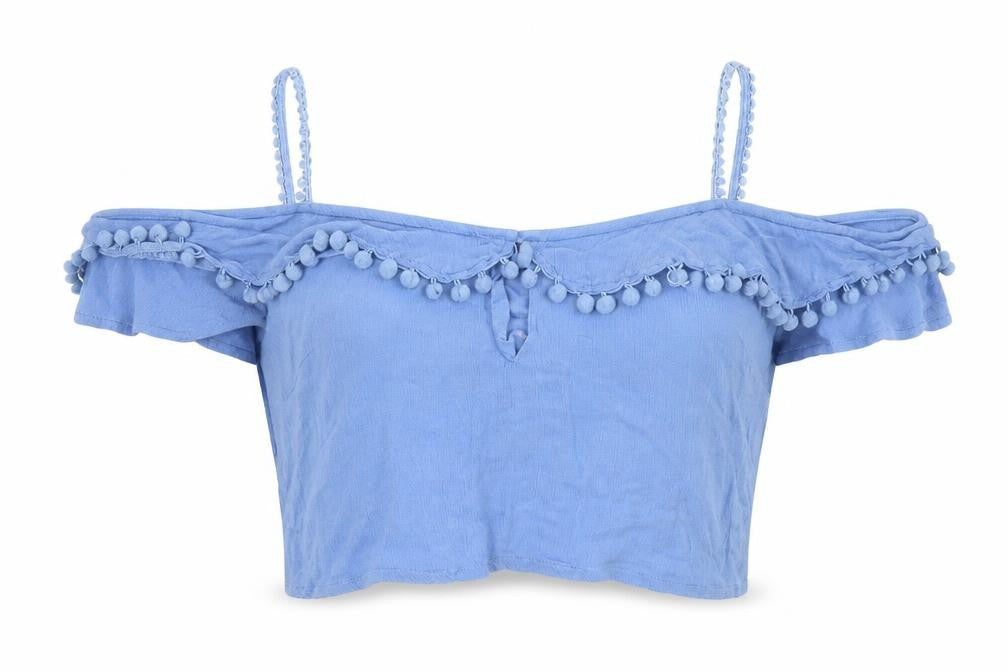 Front view of River Island women’s blue cropped t-shirt, size M, - cold shoulder