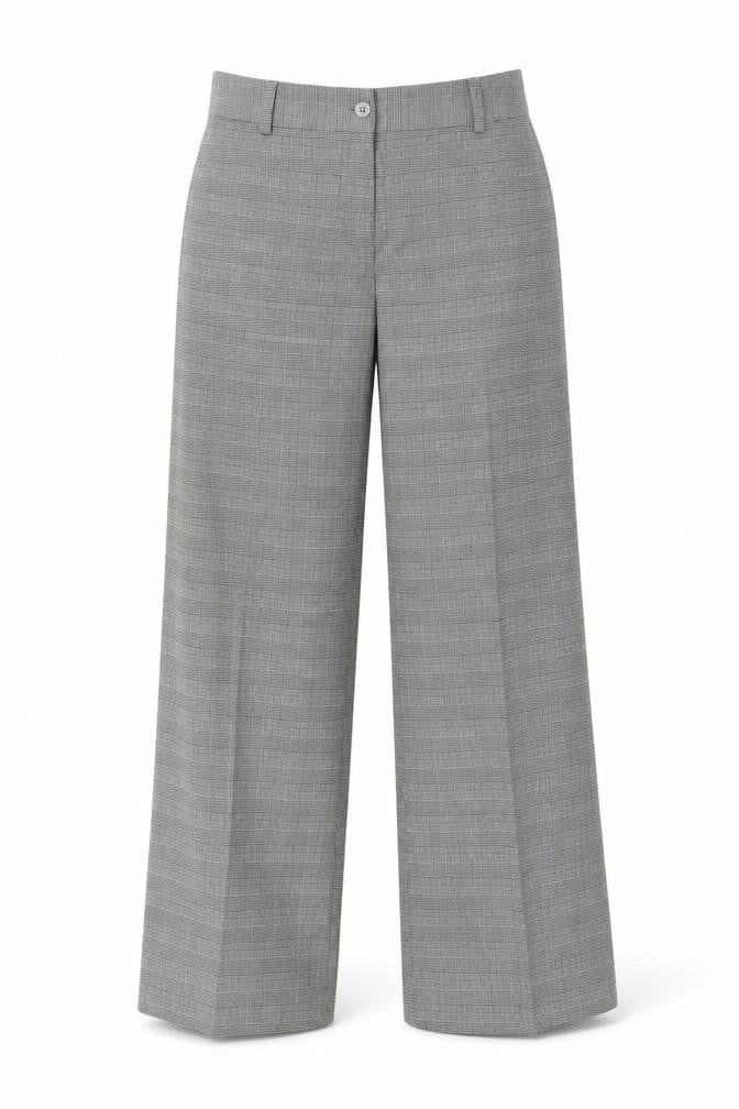 Front view of Amartanto women’s grey plaid trousers, size UK 12, 29-inch leg