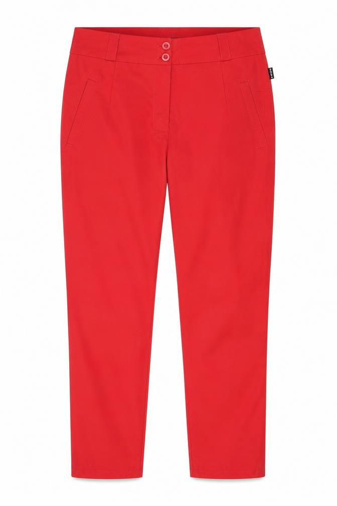 Front view of NOWATEX women’s red trousers, size UK 10, 24-inch leg
