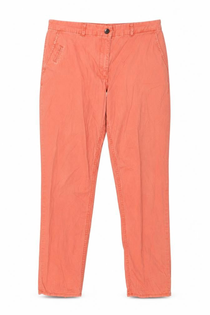 Front view of H&M women’s orange denim trousers, size UK 10, 28-inch leg