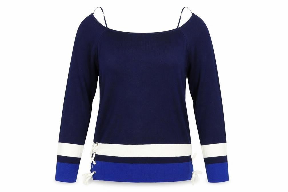 Front view of George women’s blue striped jumper, size UK 14