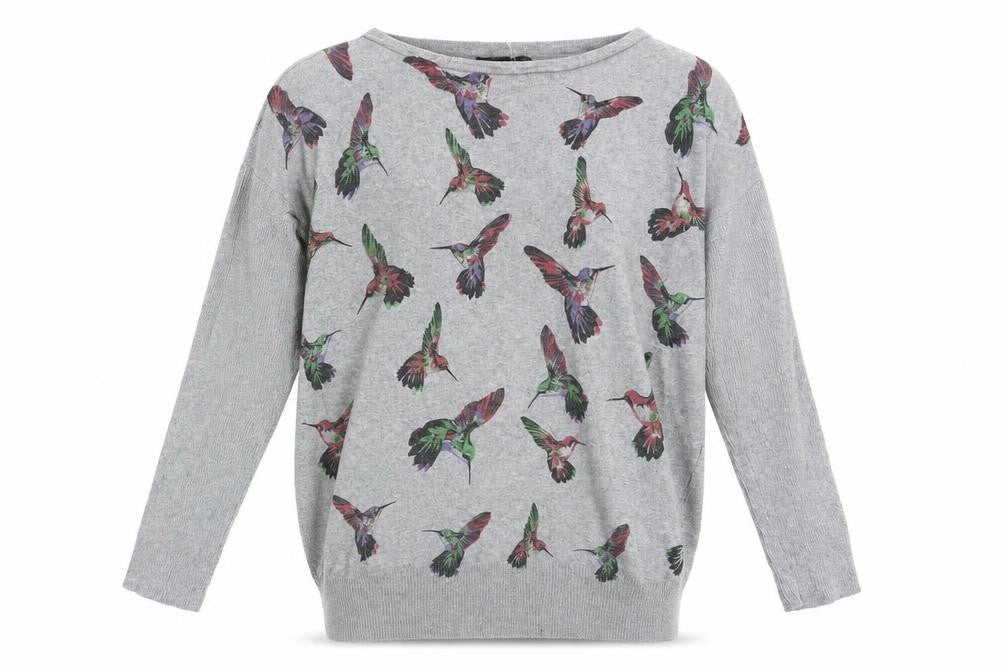 Front view of Ravi Famous women’s grey animal print pullover sweatshirt one size