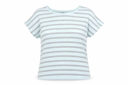 Front view of Viz A Viz women’s blue striped pullover sweatshirt, size UK 12