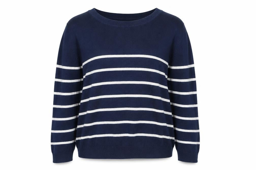 Front view of H&M women’s blue striped pullover sweatshirt, size M