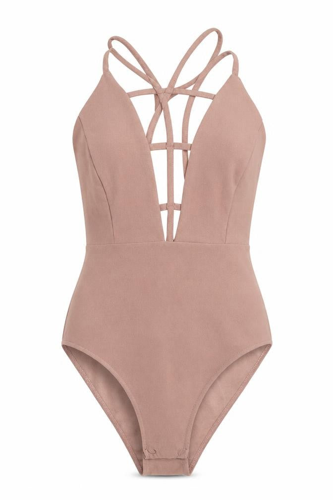 Front view of Preworn women’s pink bodysuit one-piece, size UK 6