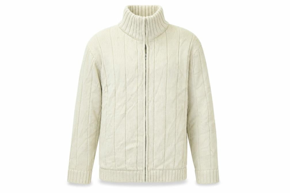 Front view of EWM men’s beige full zip hoodie, size M