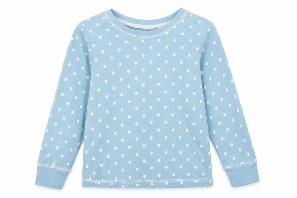 Front view of Tu girls’ blue polka dot top pyjama top, size 4-5, years