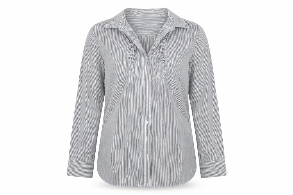 Front view of Internacionale men’s white striped button-up, size 13