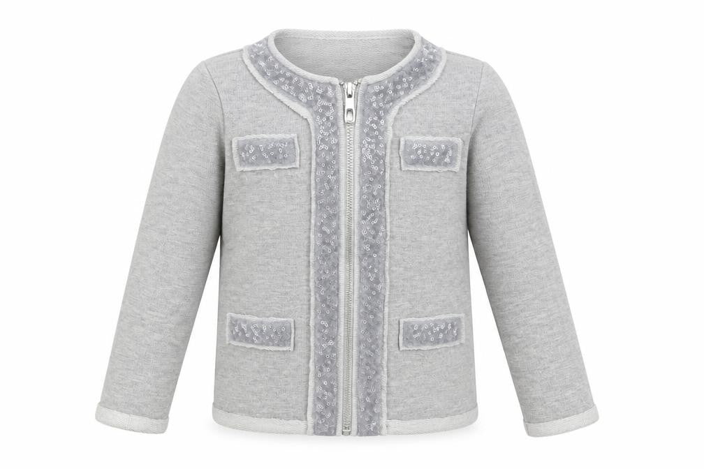 Front view of Dylan & Abby girls’ grey jacket, size 2-3, years