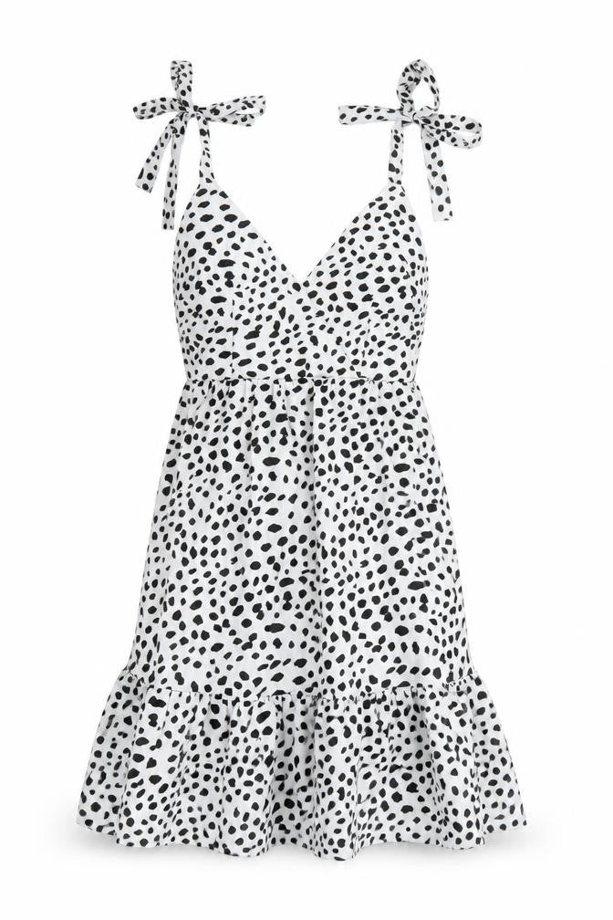 Front view of SHEIN Shien women’s white polka dot tank dress, size S
