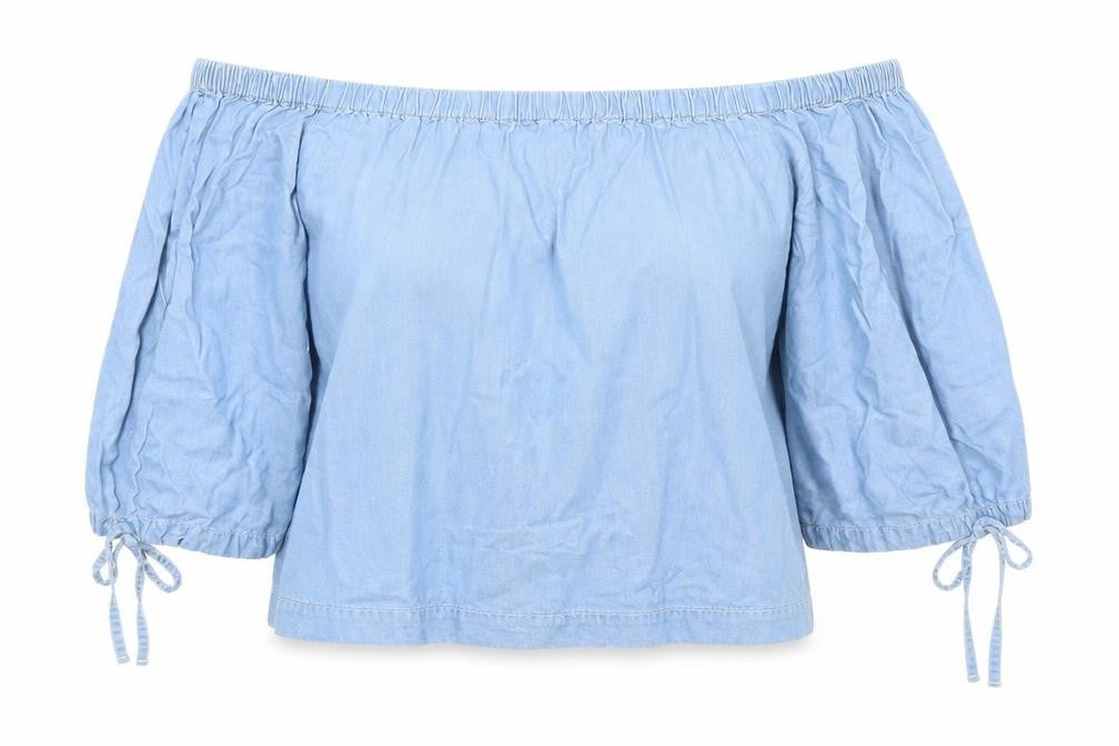 Front view of Miss Selfridge women’s blue cropped t-shirt, size UK 12