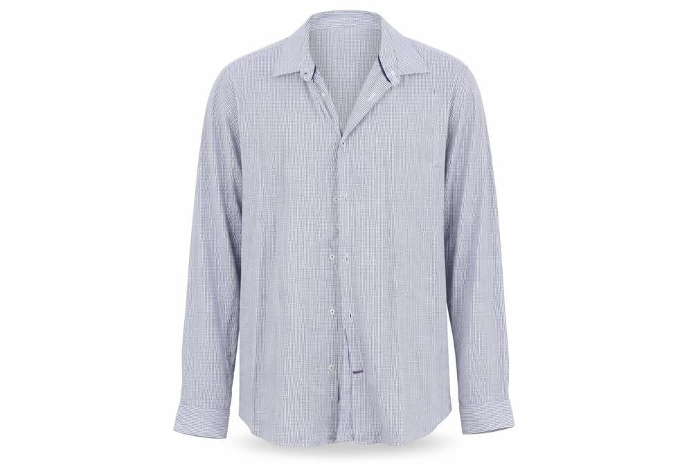 Front view of Burton men’s blue geometric button-up, size L